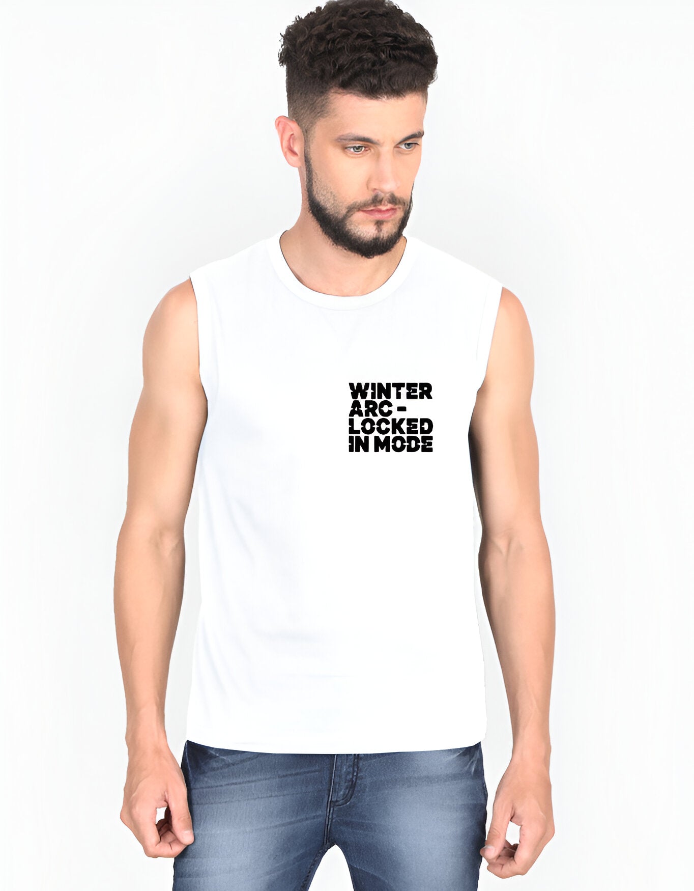 WINTER ARC Men’s White Sleeveless Training Tee – FLINKO Performance Edition